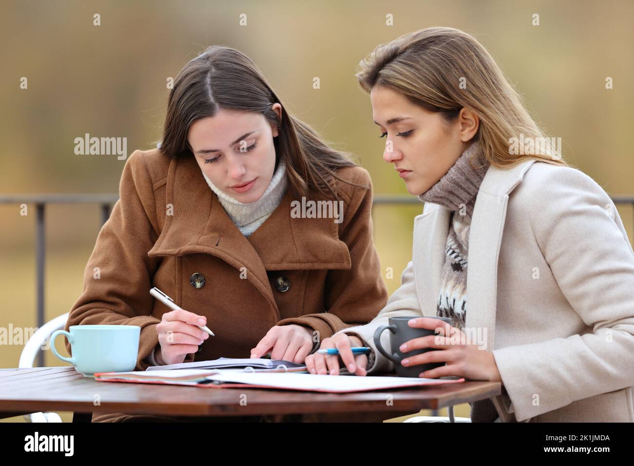 Two students checking paper notes in a terrace in winter Stock Photo