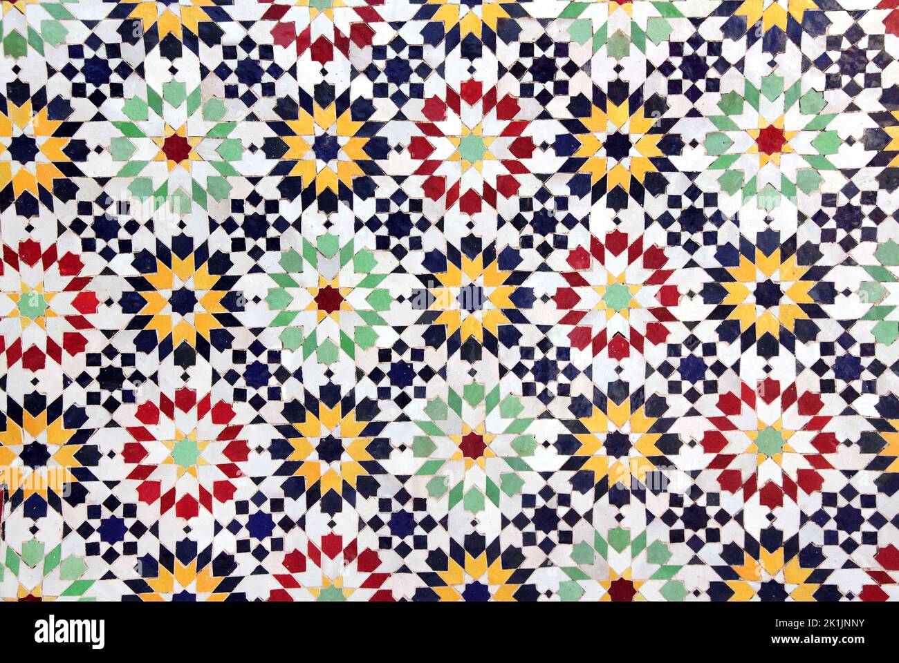 Texture of ancient wall with moroccan ceramic mosaic with geometric pattern. Horizontal or vertical background with colourful tile pattern Stock Photo