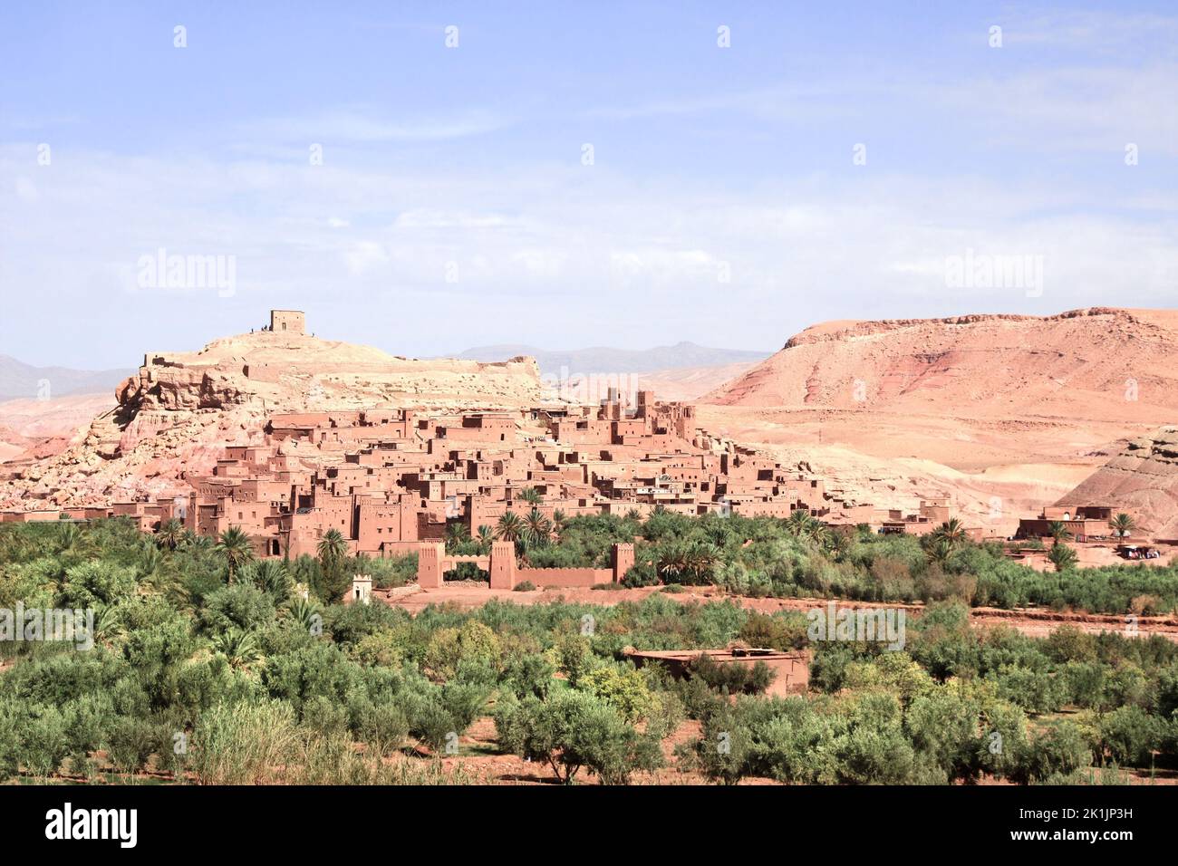 Aerial view of Kasbah Ait Ben Haddou, Atlas Mountains, Morocco, North Africa. Beautiful landscape with mountains and old town Ait Benhaddou. UNESCO Wo Stock Photo