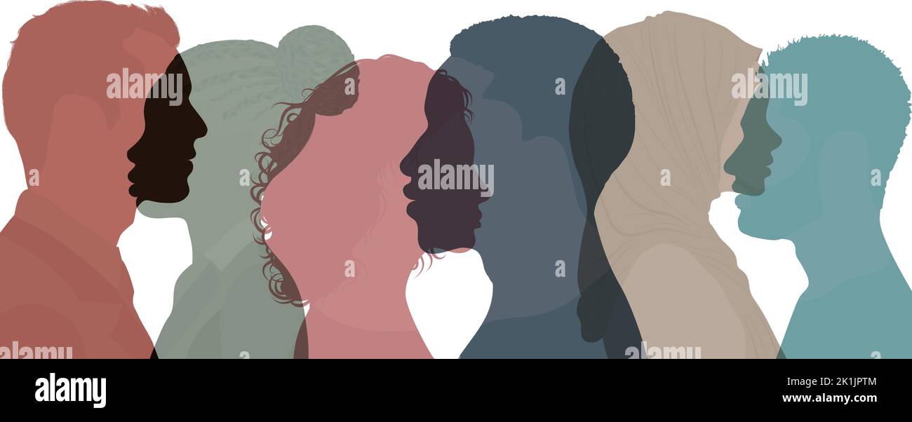 Silhouette profile group of men and women of diverse cultures. Diversity multicultural people. Concept of racial equality and anti-racism. Multiethnic Stock Vector