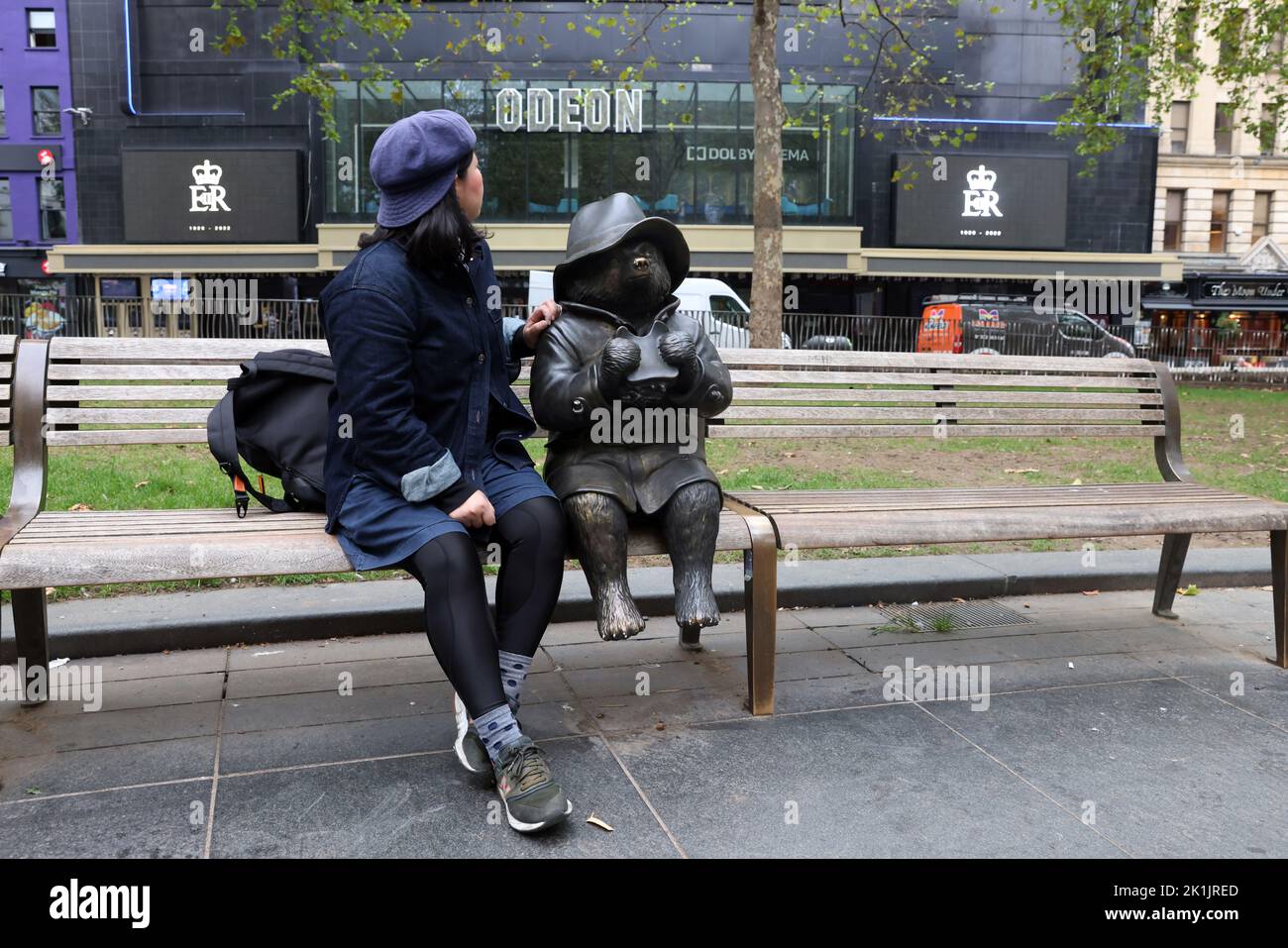 pic shows: Queen’s State Funeral  19.9.22    Deserted Leicester Square Hong Kong Queen fan consoles Paddington Statue  picture by Gavin Rodgers/ Pixel Stock Photo