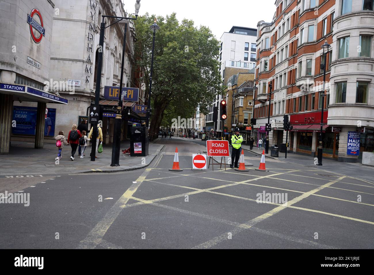 pic shows: Queen’s State Funeral  19.9.22  Heavy security and road closures around Piccadilly Circus   Deserted Leicester Square  picture by Gavin Rod Stock Photo