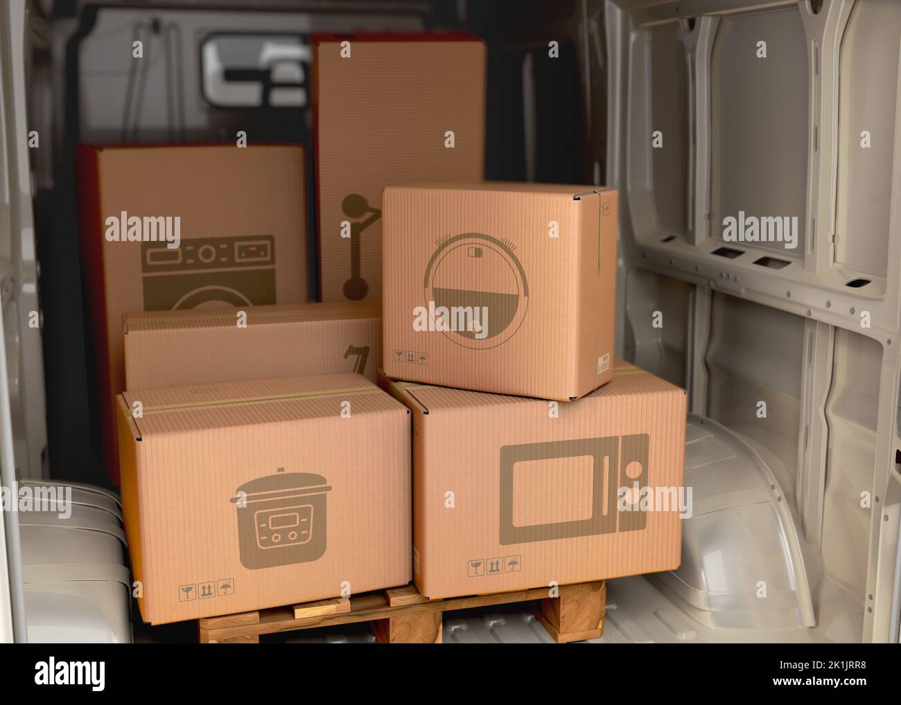 different appliance boxes set in the back of a minibus delivery concept