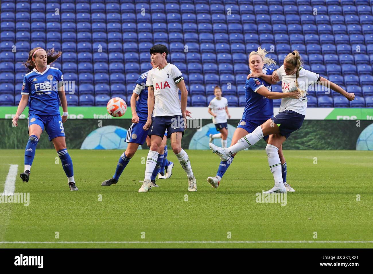 Leicester, UK. 18th Sep, 2022. September 18, 2022, Leicester, England, United Kingdom: Leicester, England, September 18th 2022: Shelina Zadorsky (3 Tottenham Hotspur) shoots at goal during the Barclays FA Womens Super League game between Leicester City and Tottenham Hotspur at the King Power Stadium in Leicester, England. (Credit Image: © James Holyoak/Sport Press Photo via ZUMA Press) Credit: Zuma Press/Alamy Live News Stock Photo