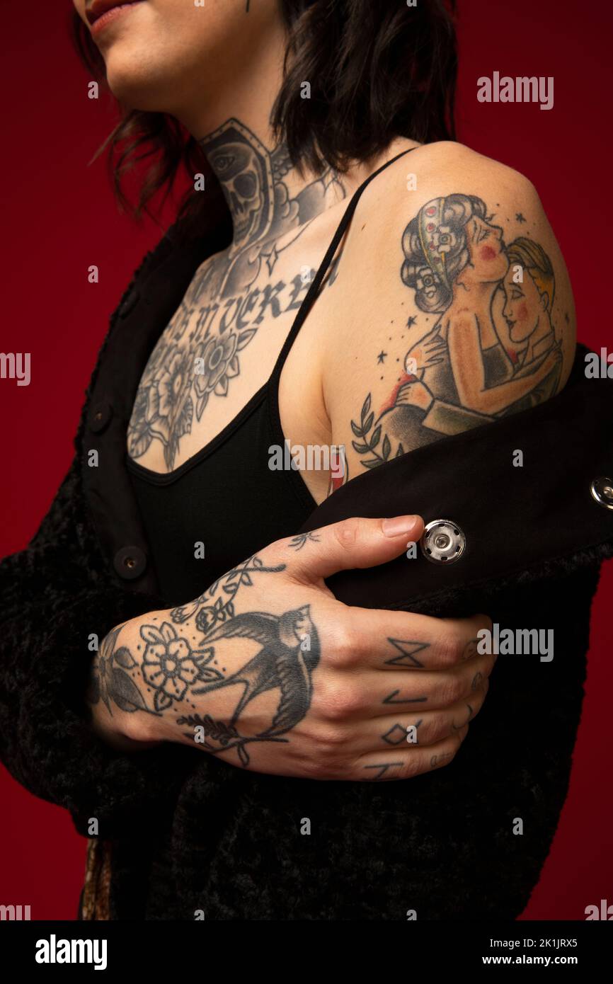 Close up portrait of transgender woman with tattoos Stock Photo