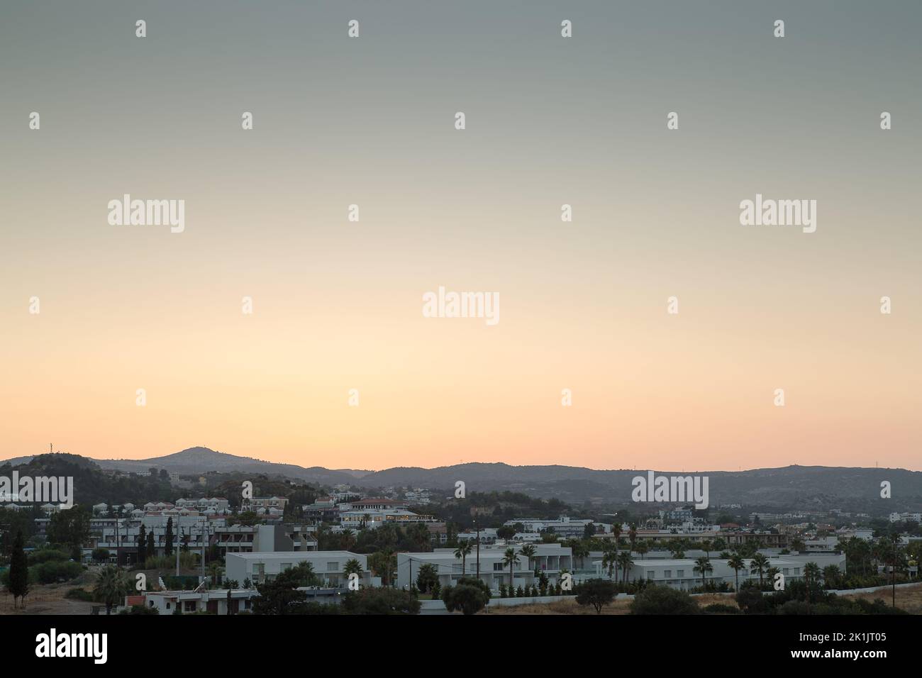 Sunset over Faliraki, Rhodes, Greece. Stock Photo