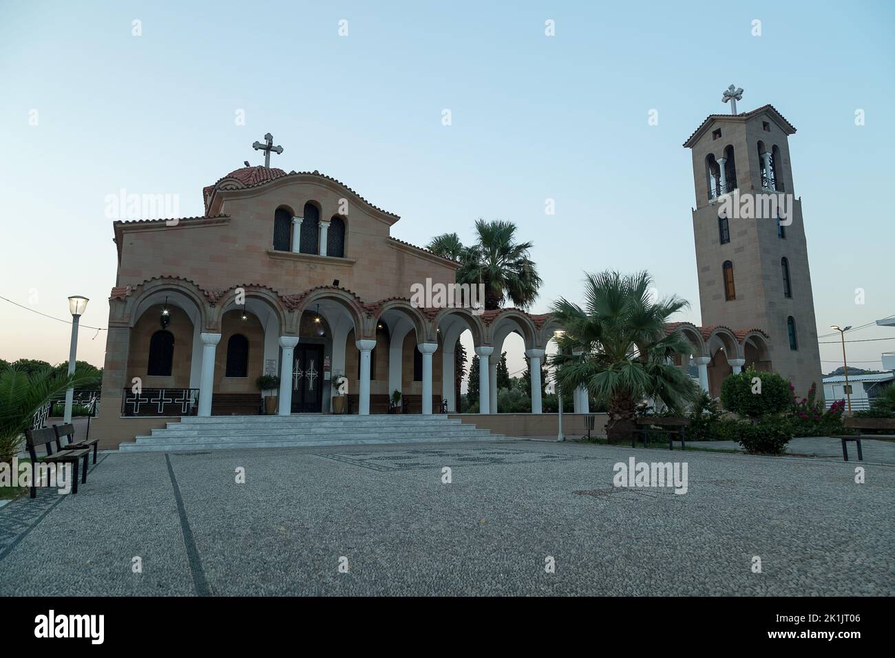Saint Nectarios Church in Faliraki, Rhodes, Greece with a clear blue sky. Stock Photo