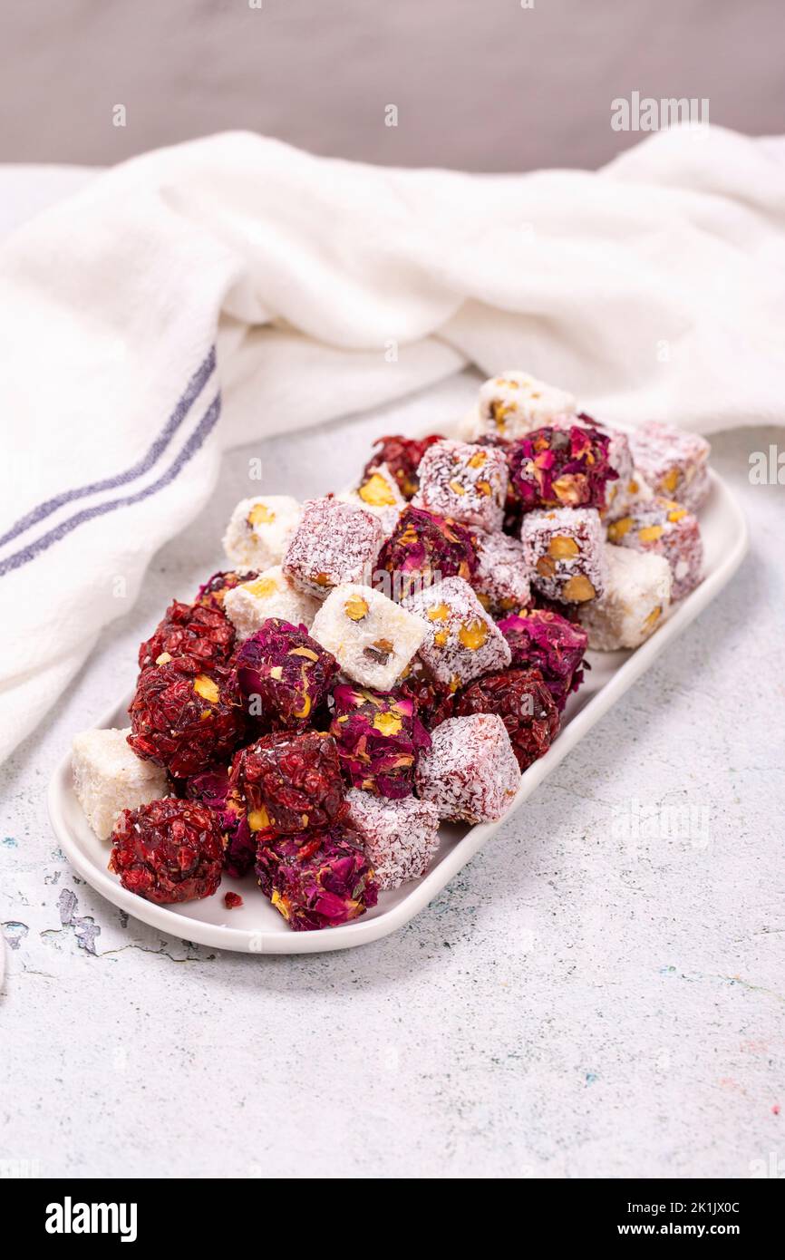 Mixed Turkish delight. Assortment of Turkish delight with pistachio on