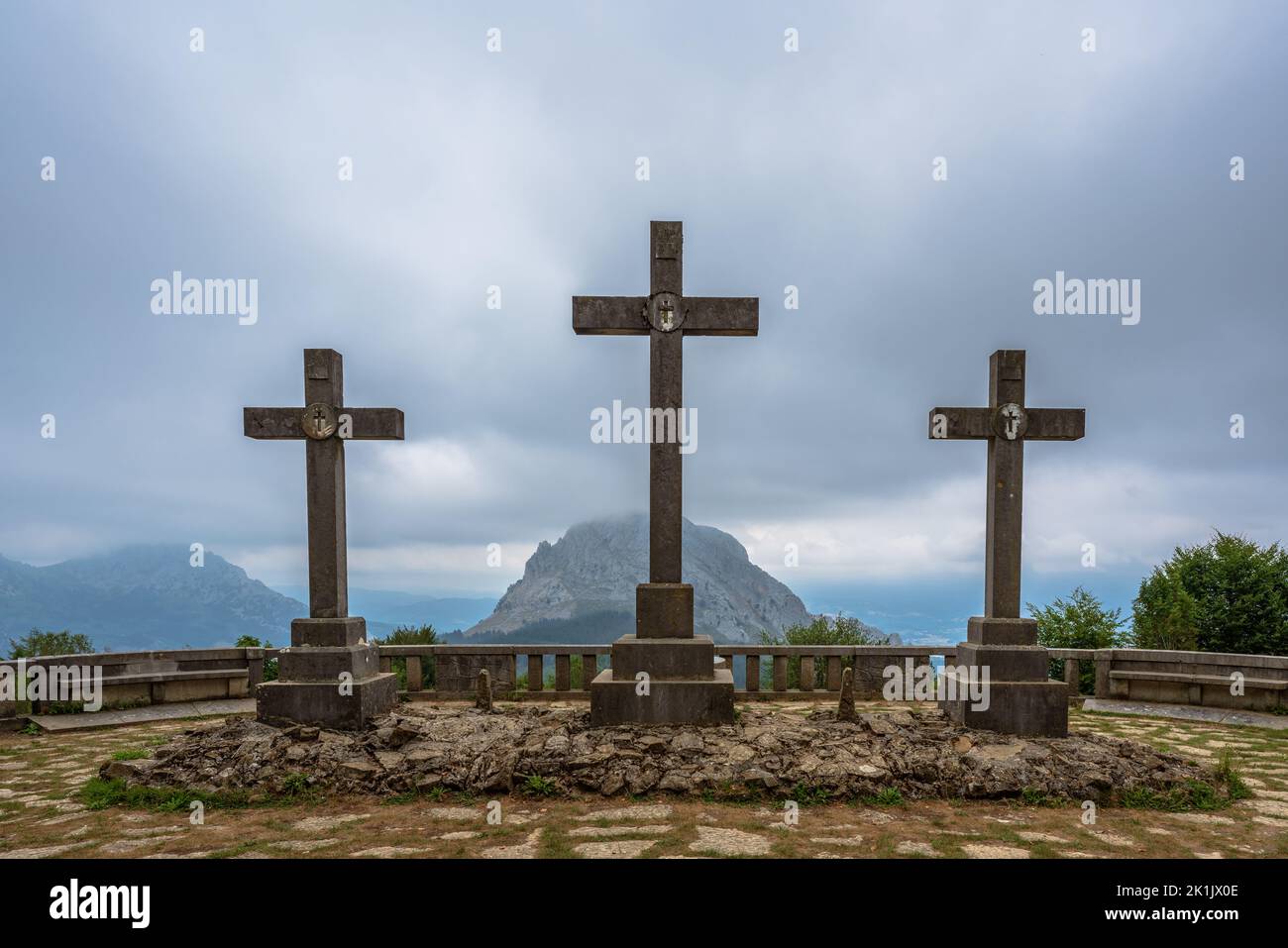 View of the Mirador de las Tres Cruces in Urkiola Nature Park, Spanish Basque Country Stock Photo