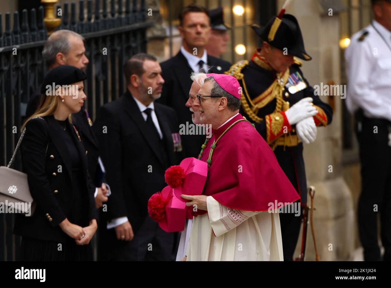 Two Cardinals of the Vatican delegation arrives, on the day of the state funeral and burial of Britain's Queen Elizabeth, outside Westminster Abbey in London, Britain, September 19, 2022.   REUTERS/Kai Pfaffenbach Stock Photo