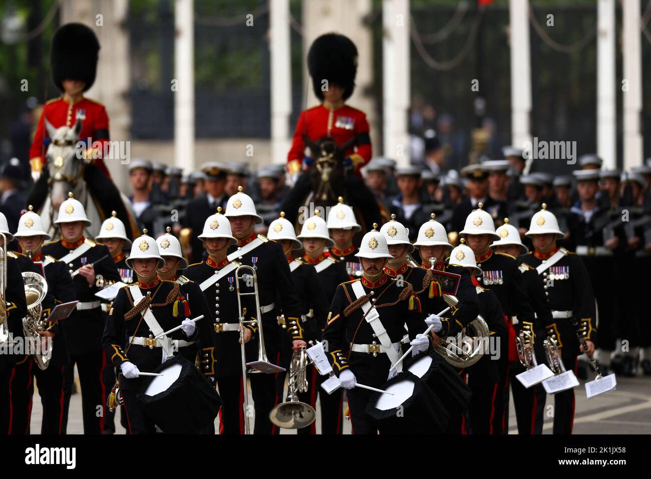 A view of a marching band, on the day of the state funeral and burial of Britain's Queen Elizabeth, outside Westminster Abbey in London, Britain, September 19, 2022.   REUTERS/Kai Pfaffenbach Stock Photo
