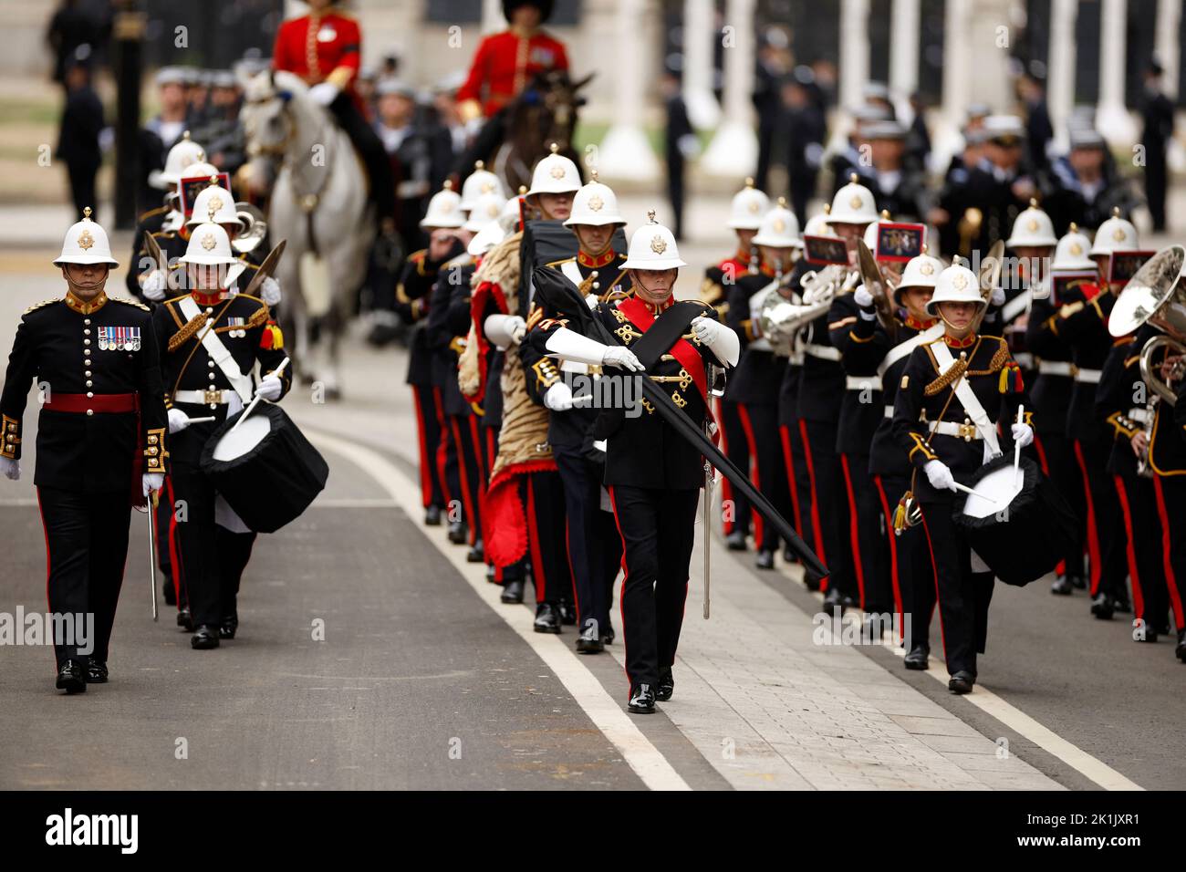 The Royal Marines Band Service are seen at Westminster Abbey, on the day of the state funeral and burial of Britain's Queen Elizabeth, in London, Britain, September 19, 2022  REUTERS/John Sibley Stock Photo