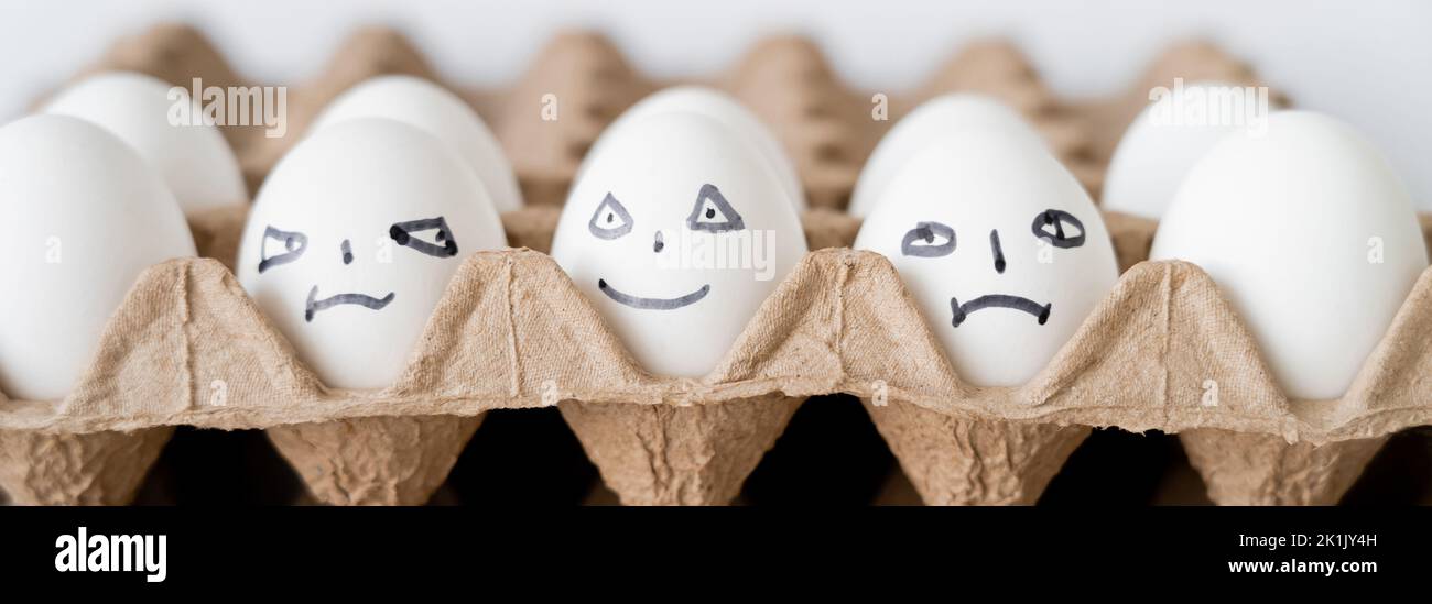 Painted chicken eggs with different facial expressions in cardboard tray on white background, banner Stock Photo
