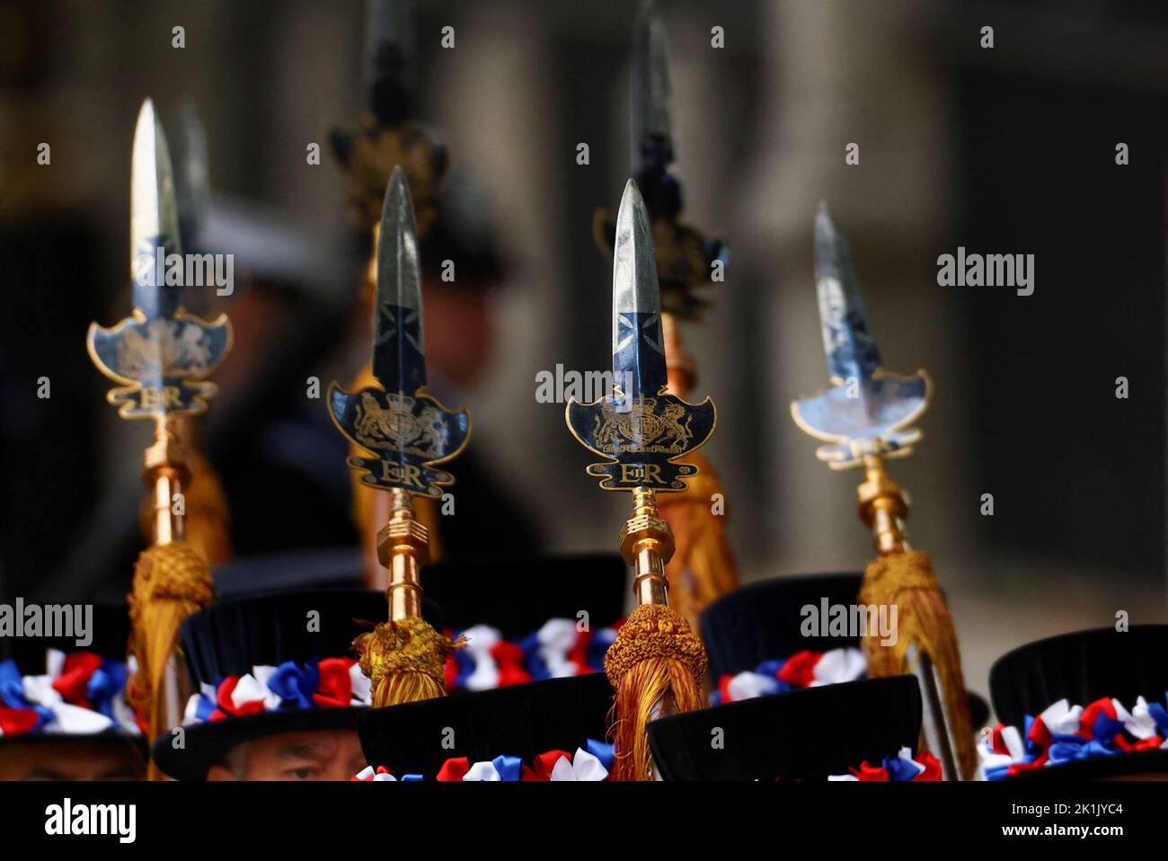 A view of the weapon of the members of the Yeomen of the Guard as they march, on the day of the state funeral and burial of Britain's Queen Elizabeth, outside Westminster Abbey in London, Britain, September 19, 2022.   REUTERS/Kai Pfaffenbach Stock Photo