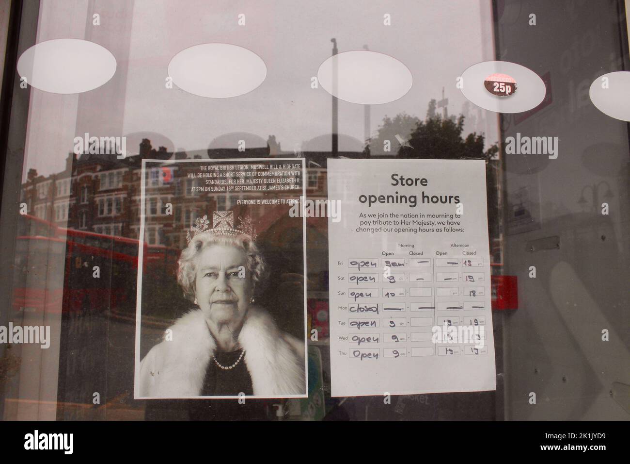 shop window displays and closed signs in muswell hill on 19th september 2022 for the Queen Elizabeth 2 funeral tribute and commemoration Stock Photo