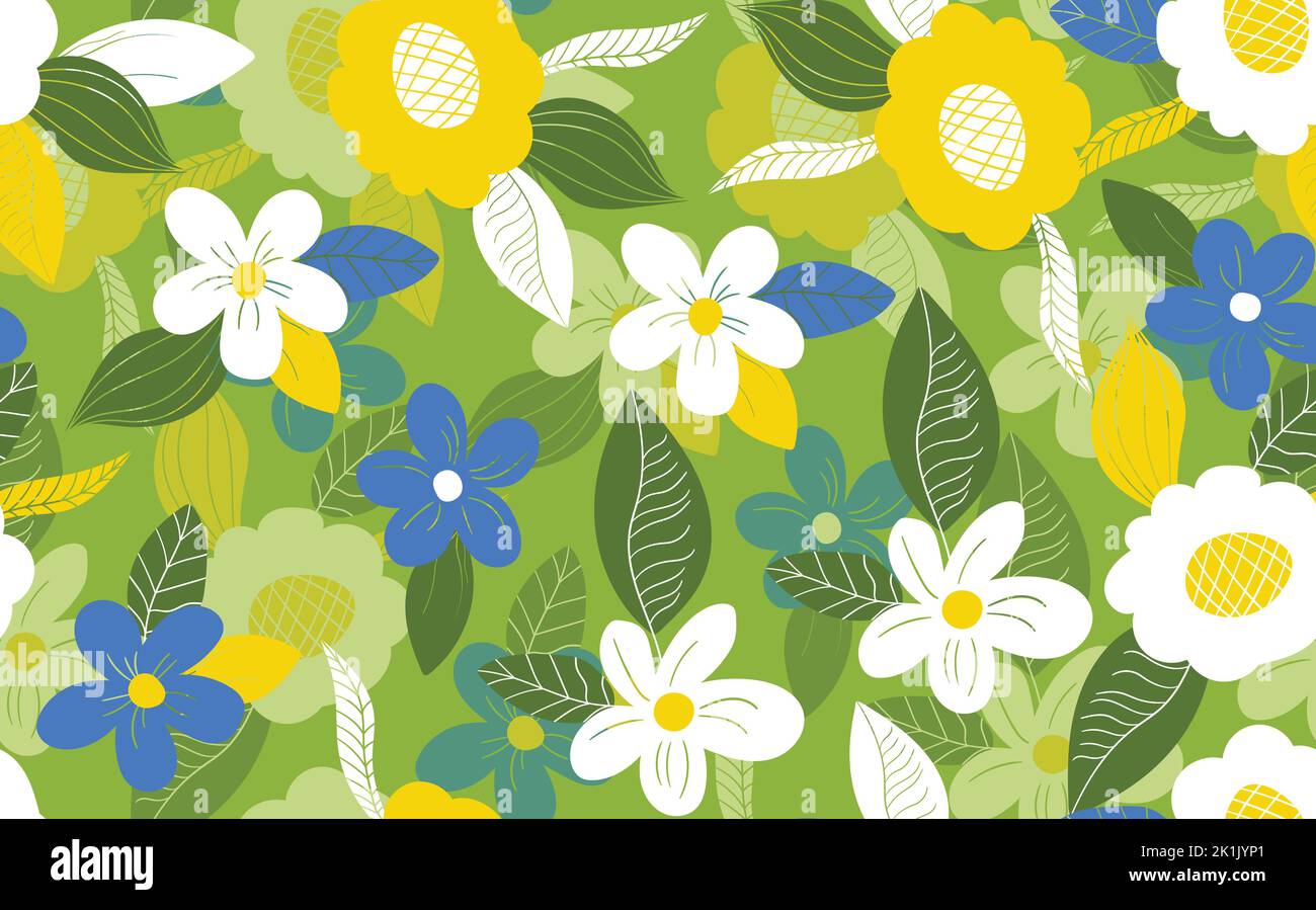 Seamless floral pattern based on traditional folk art ornaments. Colorful flowers on color background. Scandinavian style. Sweden nordic style. Vector Stock Vector