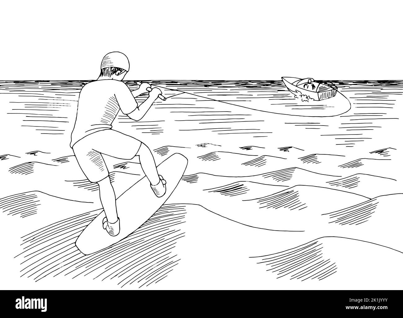 Wakeboard sea wave graphic black white sketch illustration vector Stock