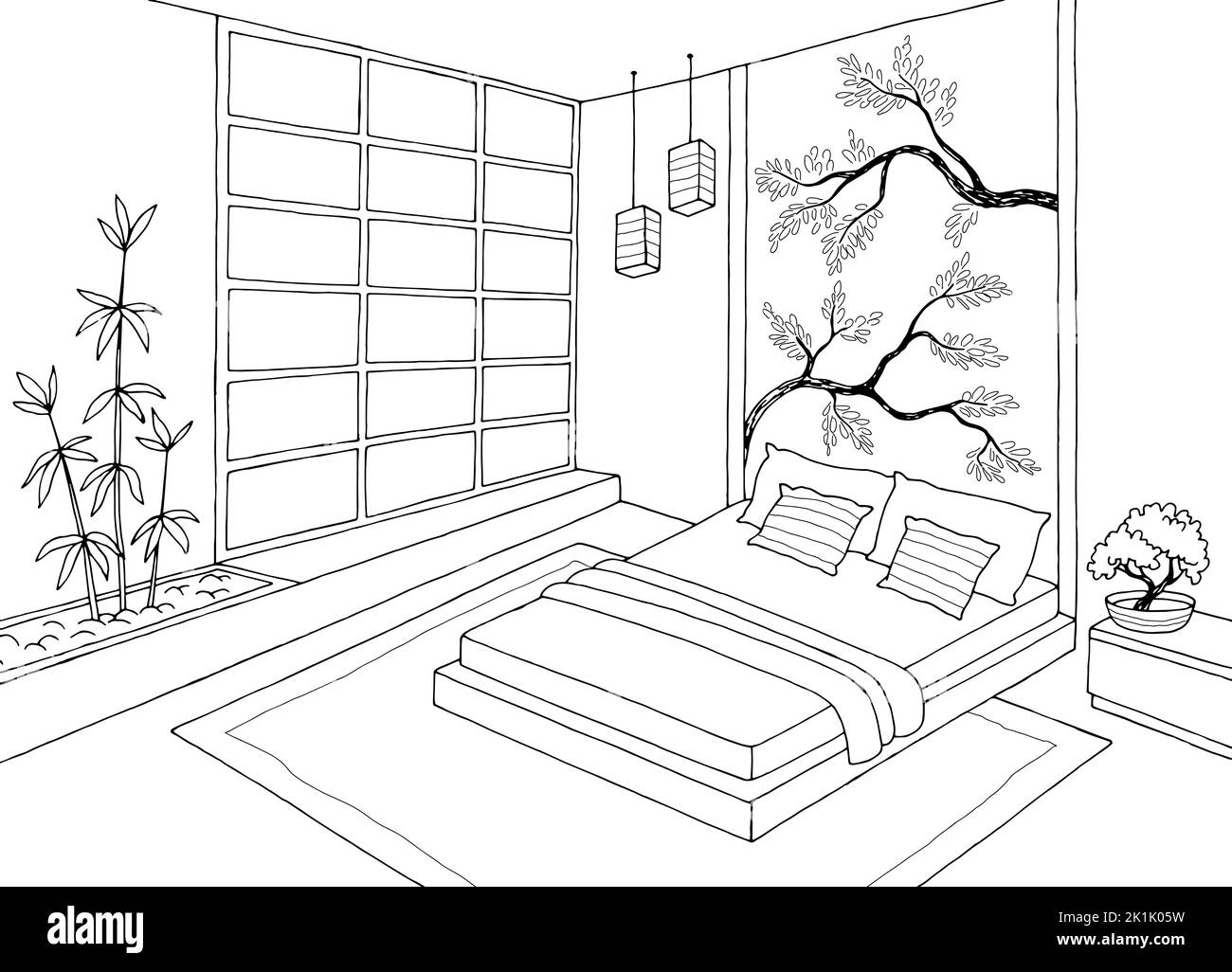 Asia bedroom graphic black white home interior design sketch illustration vector Stock Vector
