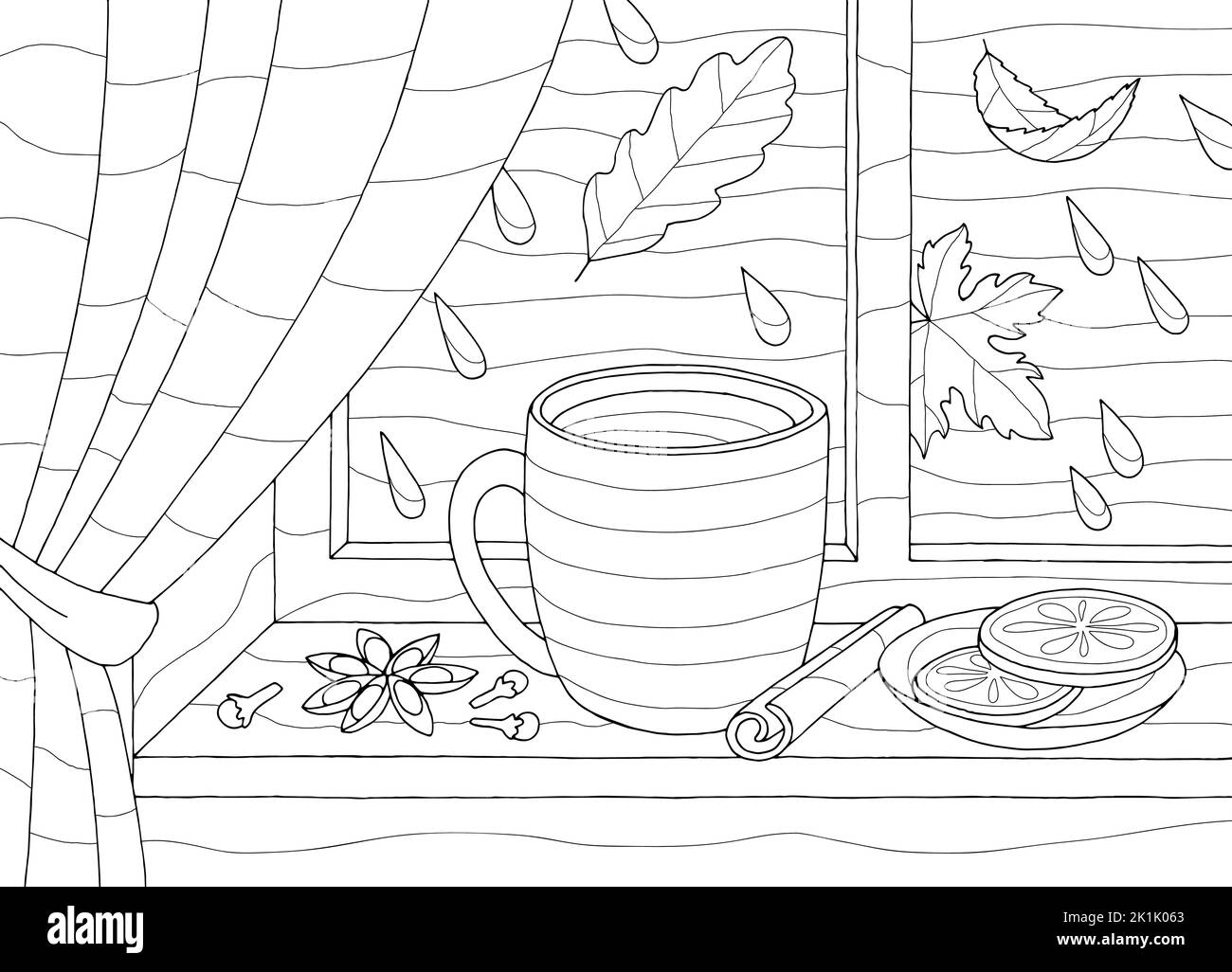 Autumn window coloring book graphic black white sketch illustration vector Stock Vector