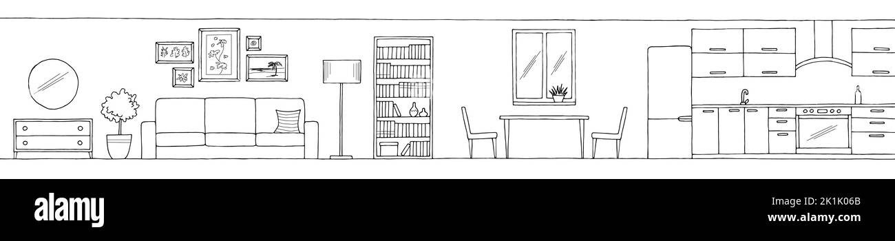 Apartment interior graphic black white long sketch illustration vector Stock Vector