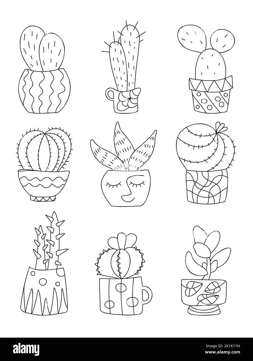 Cactus succulents in pots set. Cute doodle simple hand drawn home ...
