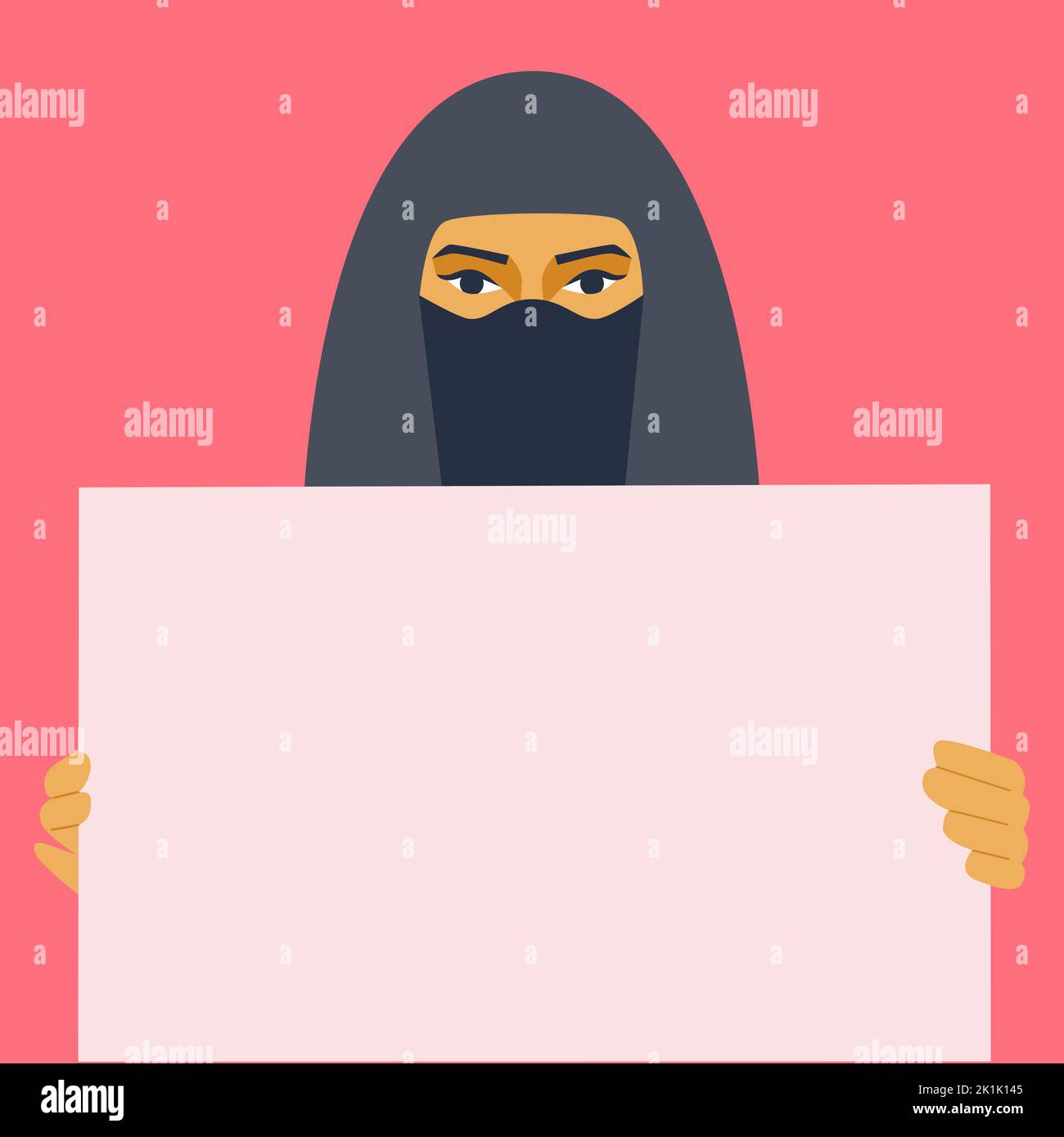 Muslim arab woman holding empty banner. Female character in hijab with protest or message poster. Womens rights, no war or other you choice item. Vector illustration Stock Vector