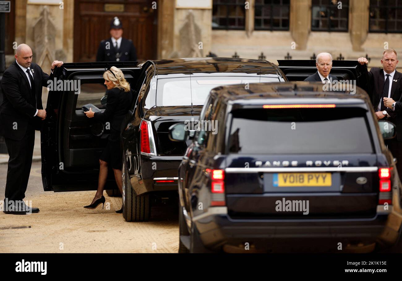 U.S. President Joe Biden and first lady Jill Biden arrive at Westminster Abbey, on the day of the state funeral and burial of Britain's Queen Elizabeth, in London, Britain, September 19, 2022  REUTERS/John Sibley Stock Photo