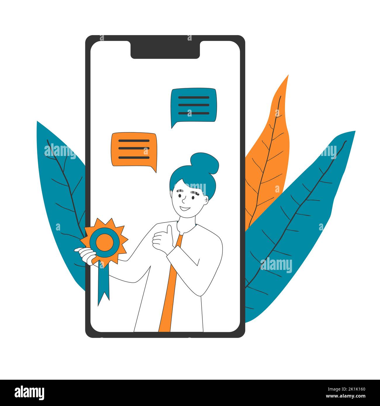 Cute woman hold quality mark, shows class gesture, leaves comments on social media, chatting with support using smartphone. Happy client online mobile phone communicate, feedback vector illustration. Stock Vector