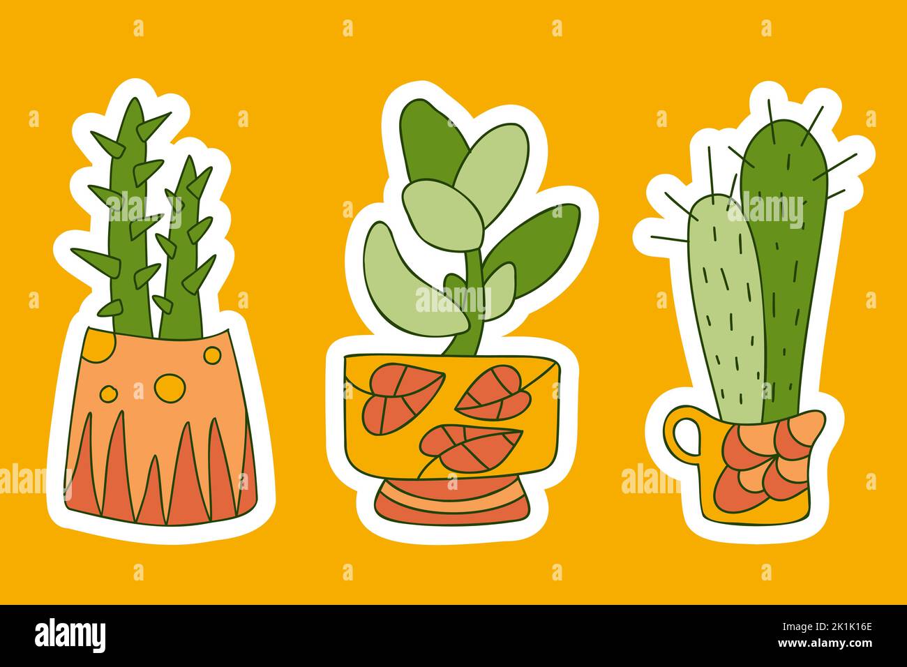 Cute cactus succulents pots stickers. Funny bright kids design. Color ...
