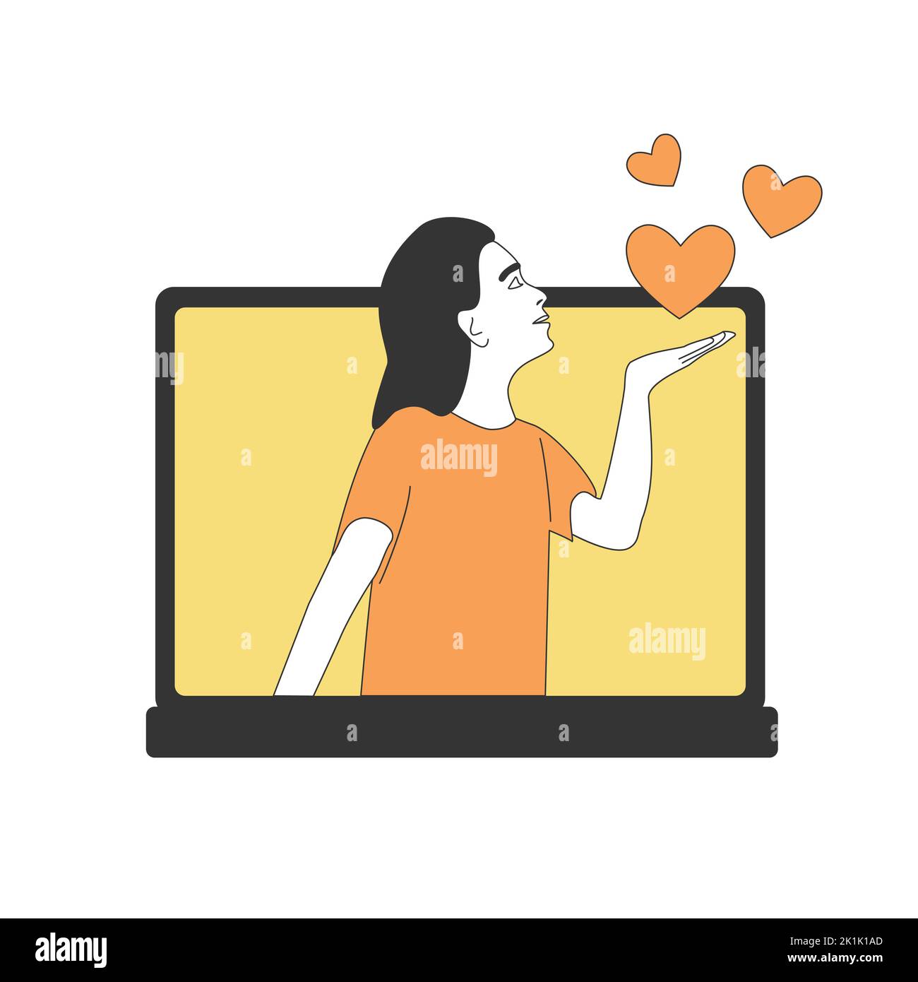 Girl character sending blow air kiss hearts from screen. Positive feedback or online dating love message concept. Good grade, attitude mark metphor hearts flying away from computer vector illustration Stock Vector