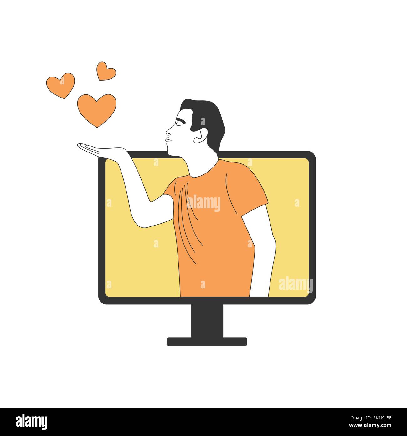 Man character sending blow air kiss hearts from screen. Positive feedback or online dating love message concept. Good grade, attitude mark metphor hearts flying away from computer vector illustration Stock Vector