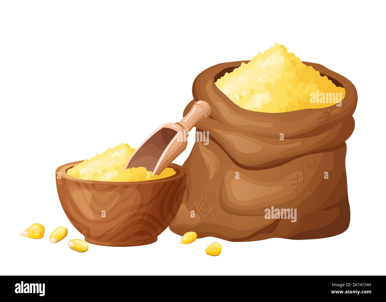 Corn flour in wooden bowl with seeds. Healthy gluten free food. Powde