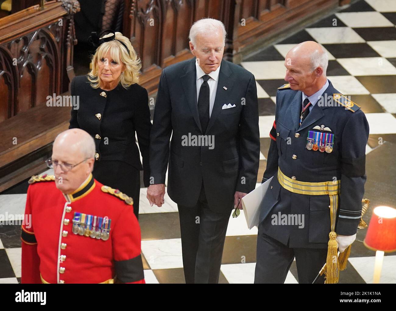 US President Joe Biden (centre) and First Lady Jill Biden arrive at the State Funeral of Queen Elizabeth II, held at Westminster Abbey, London. Picture date: Monday September 19, 2022. Stock Photo