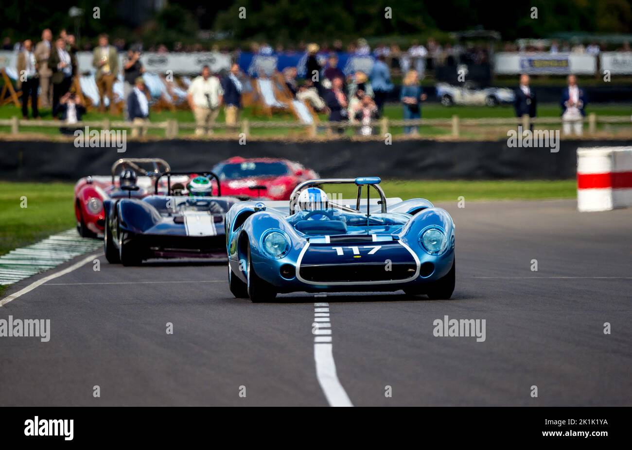 A Lola Chevrolet T70 Spyder entering the main straight during practice for the Whitsun Trophy at the Goodwood Revival Festival at Goodwood Circuit, Goodwood, UK on 16 September 2022. Photo by Phil Hutchinson. Editorial use only, license required for commercial use. No use in betting, games or a single club/league/player publications. Stock Photo