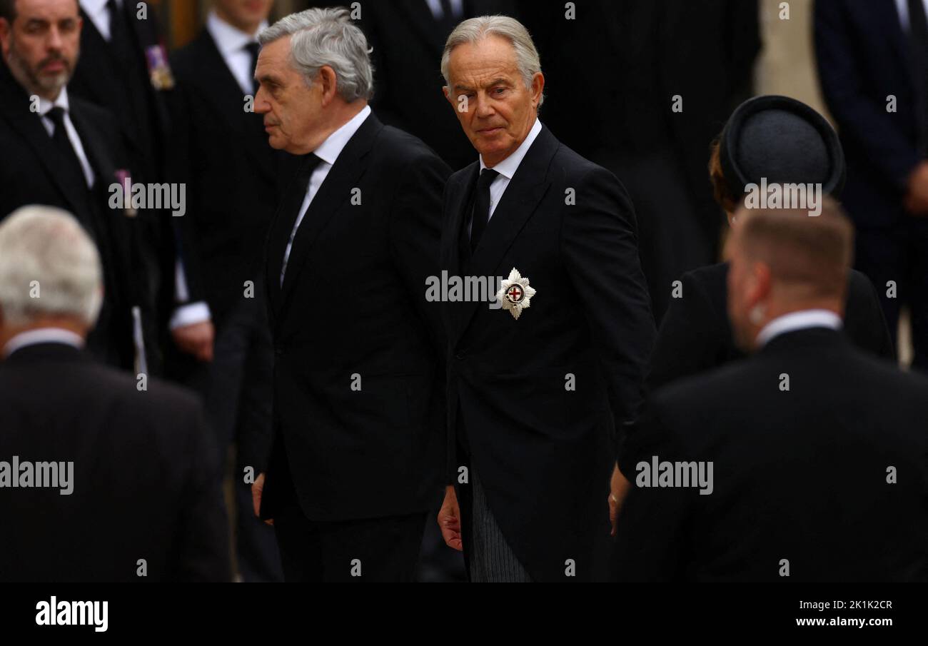 Former British prime ministers Gordon Brown and Tony Blair arrive at Westminster Abbey on the day of the state funeral and burial of Britain's Queen Elizabeth, in London, Britain, September 19, 2022.  REUTERS/Kai Pfaffenbach Stock Photo