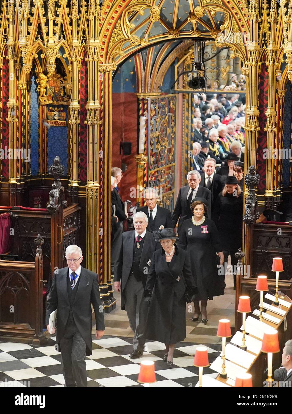 (left to right, from front) Former prime ministers Sir John Major and his wife Lady Norma Major, Tony Blair and his wife Cherie Blair, Gordon Brown and his wife Sarah Brown, David Cameron and his wife Samanatha Cameron, arriving at the State Funeral of Queen Elizabeth II, held at Westminster Abbey, London. Picture date: Monday September 19, 2022. Stock Photo