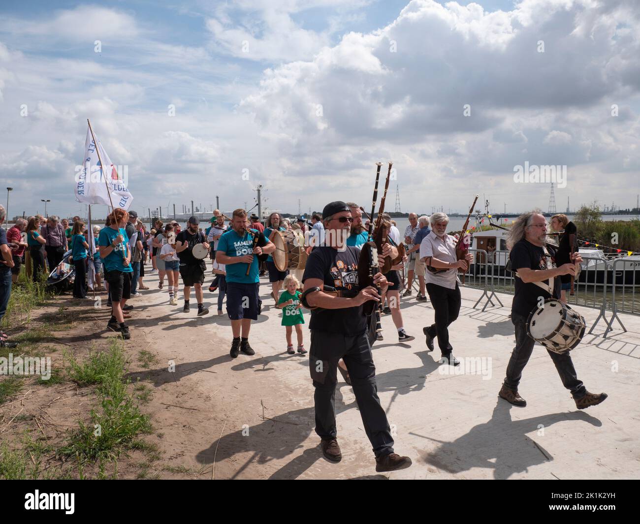 Doel, Belgium, 21 August 2022, Street musicians with bagpipes and drums ...