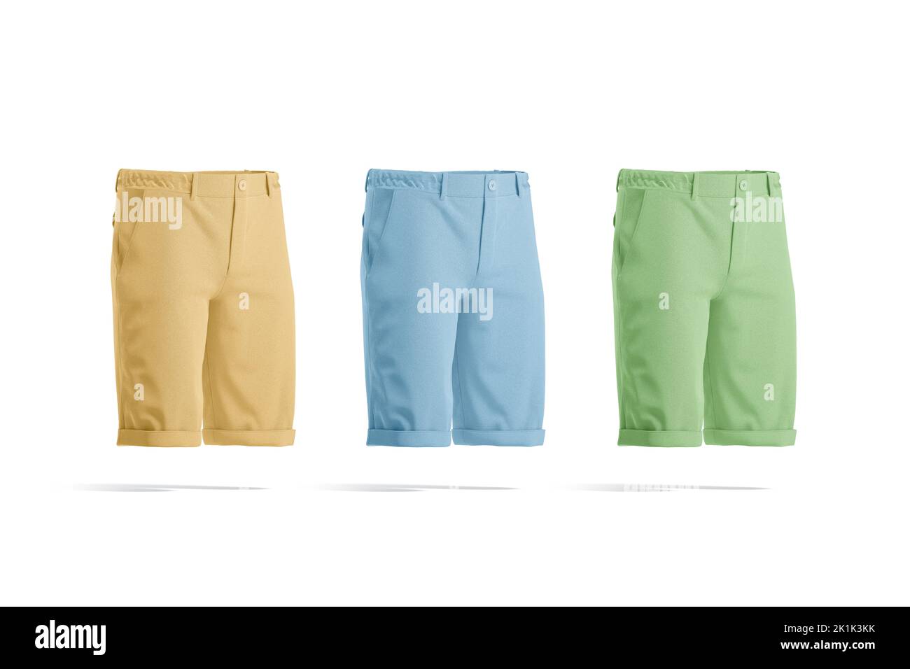 Blank colored men shorts mockup, side view, 3d rendering. Empty yellow, blue and green fabric drawers mock up, isolated. Clear male textile breeches o Stock Photo