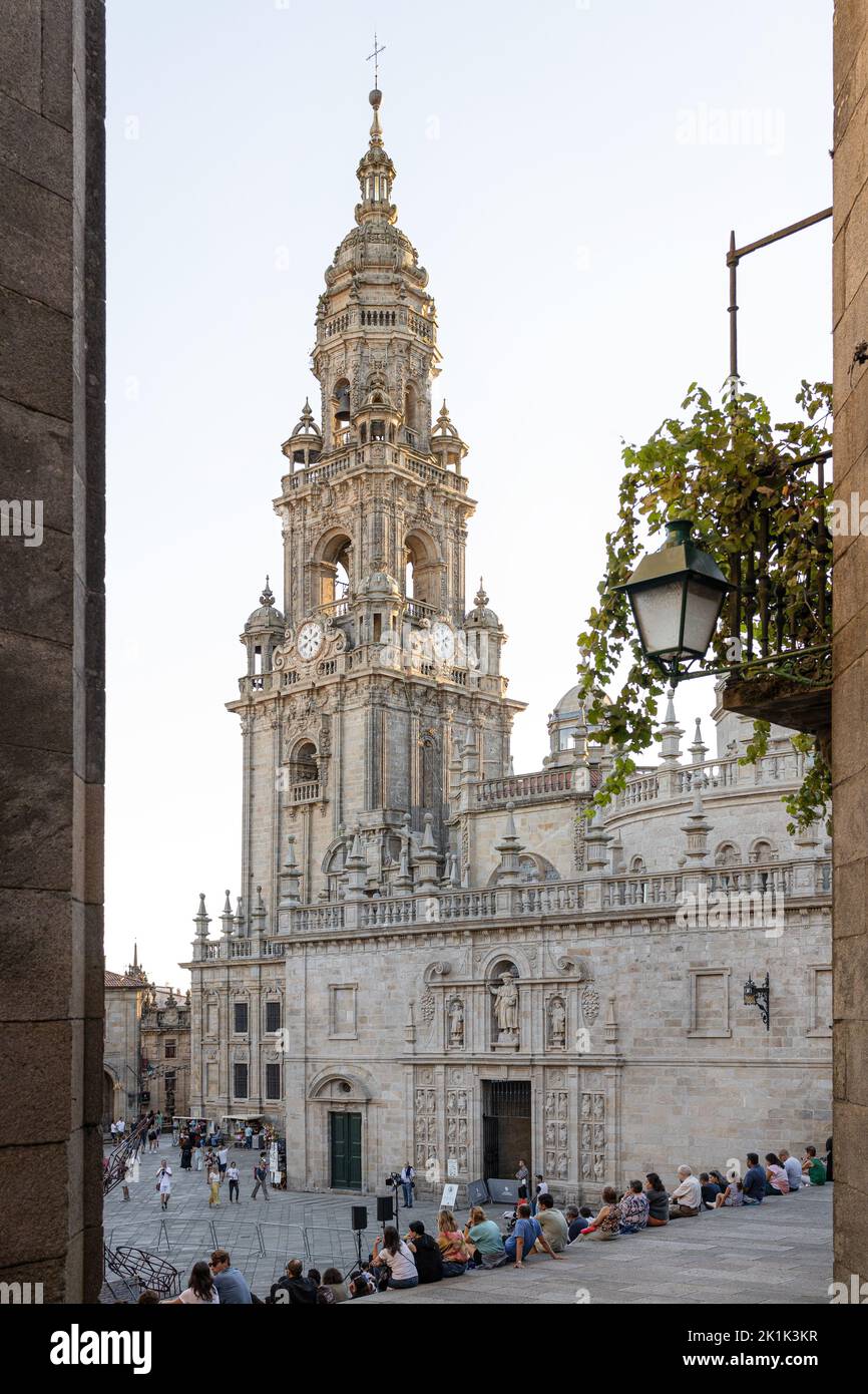 Santiago de Compostela, Spain; september 10, 2022: Quintana square and Berenguela tower of the Cathedral of Santiago de Compostela on sunny day Stock Photo