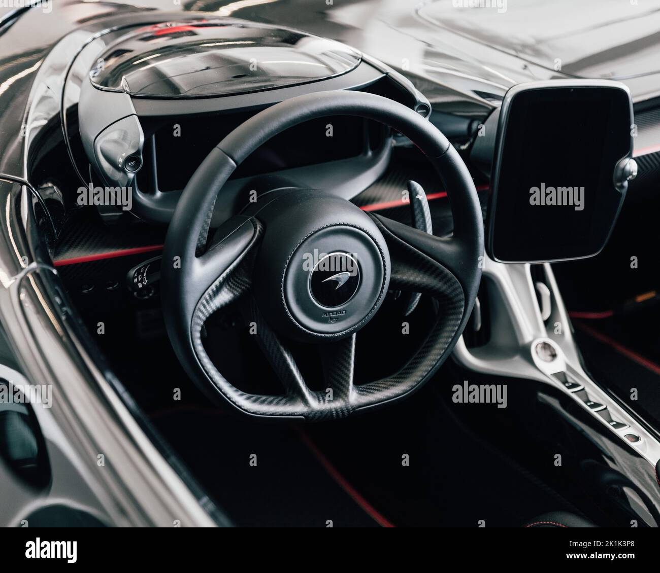 The black interior of the McLaren Elva automobile with details Stock Photo