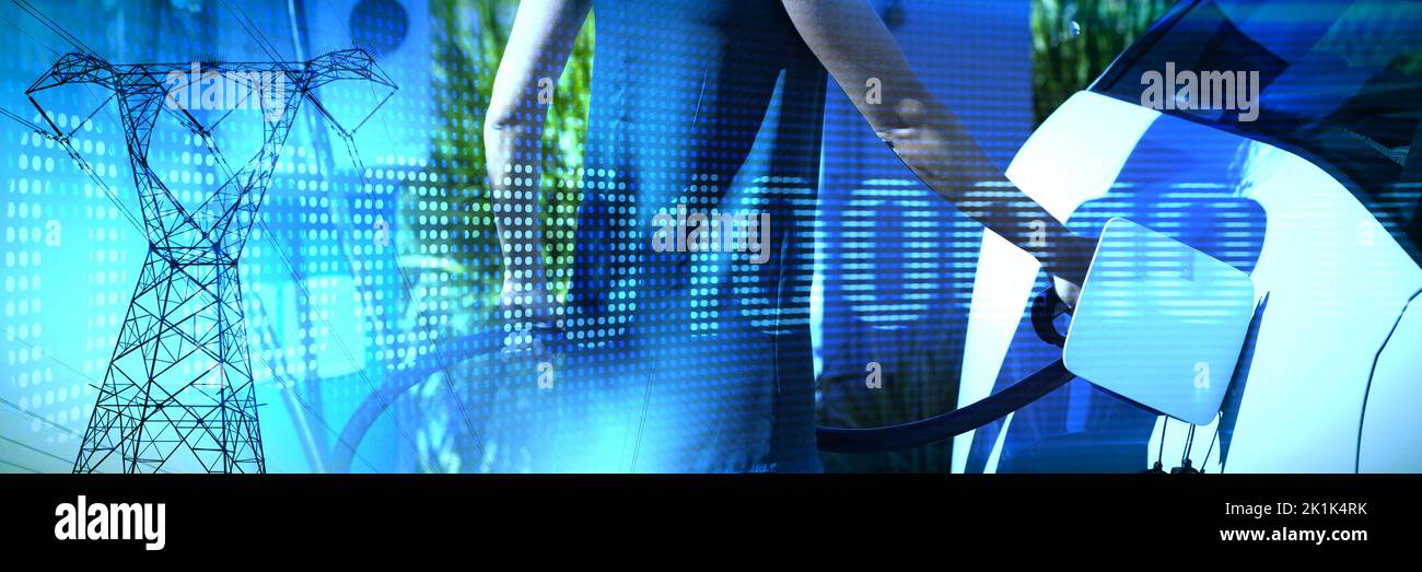Binary code on digital screen against the evening electricity pylon silhouette Stock Photo