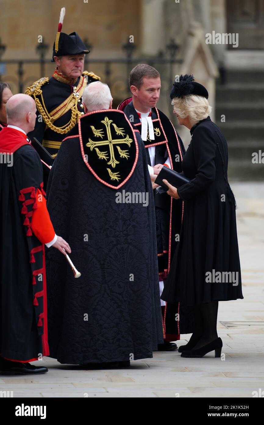 The Queen Consort arriving at the State Funeral of Queen Elizabeth II