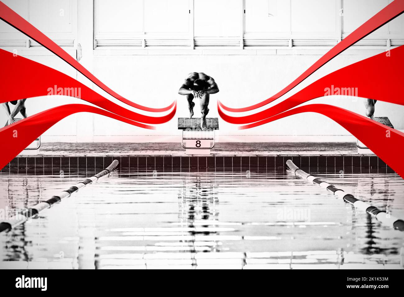 Grey line design against swimmers plunging in the pool Stock Photo