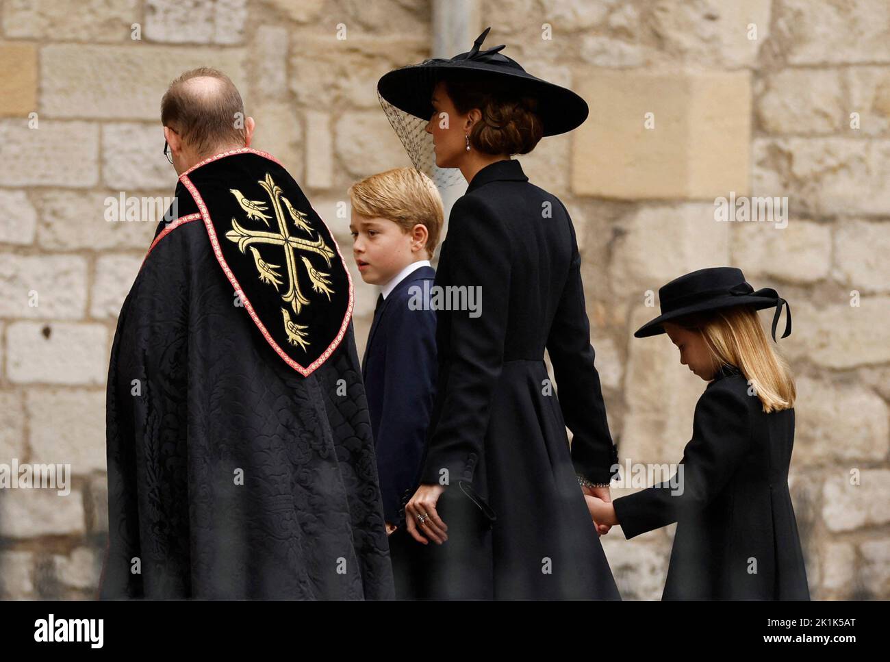Britain's Catherine, Princess of Wales, arrives at Westminster Abbey with Britain's Prince George and Britain's Princess Charlotte on the day of state funeral and burial of Britain's Queen Elizabeth, in London, Britain, September 19, 2022 REUTERS/John Sibley Stock Photo
