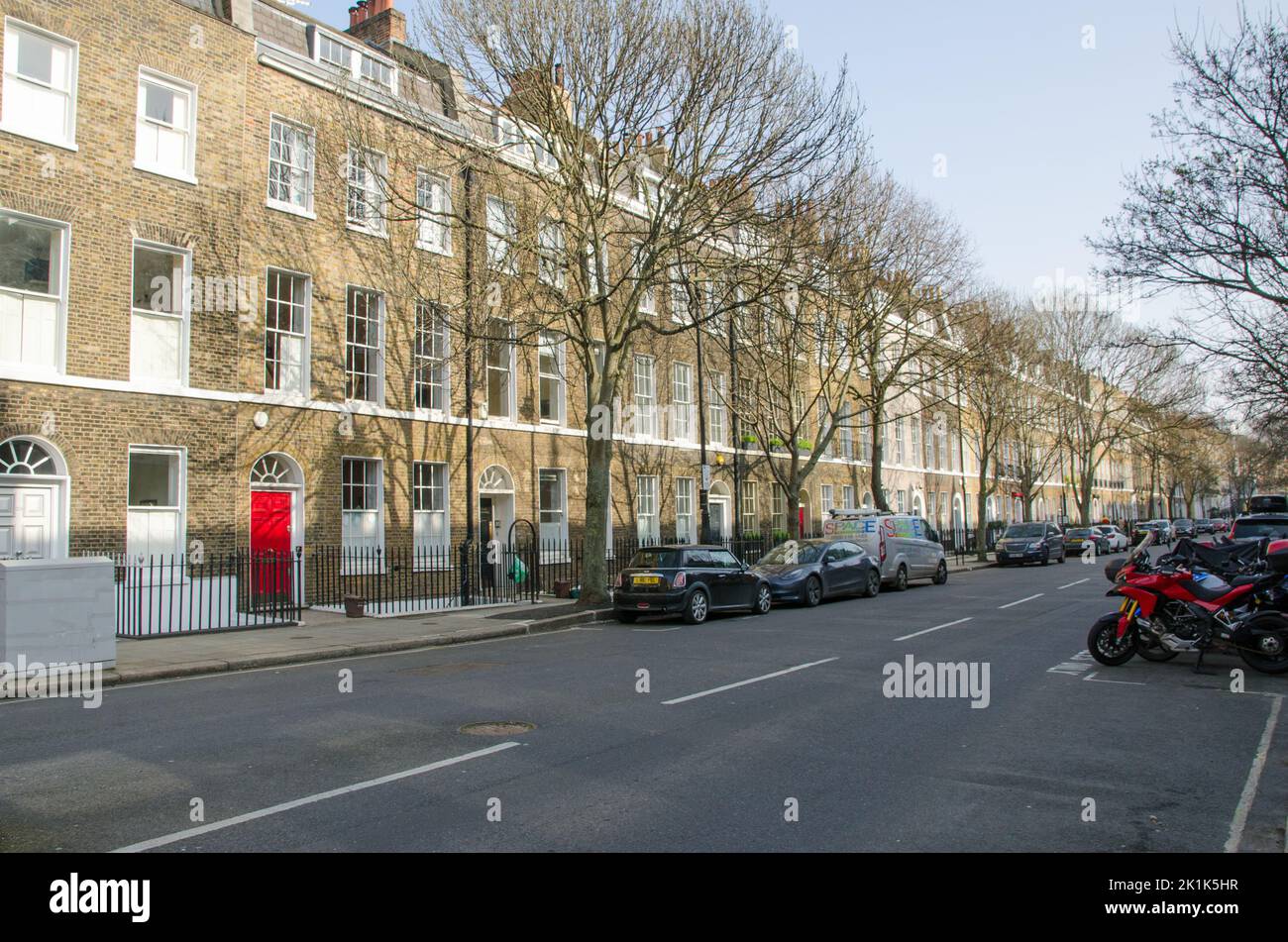 London, UK - March 21, 2022: View along the historic Doughty Street in Bloomsbury, Central London.  Home to many legal firms and media companies. Stock Photo