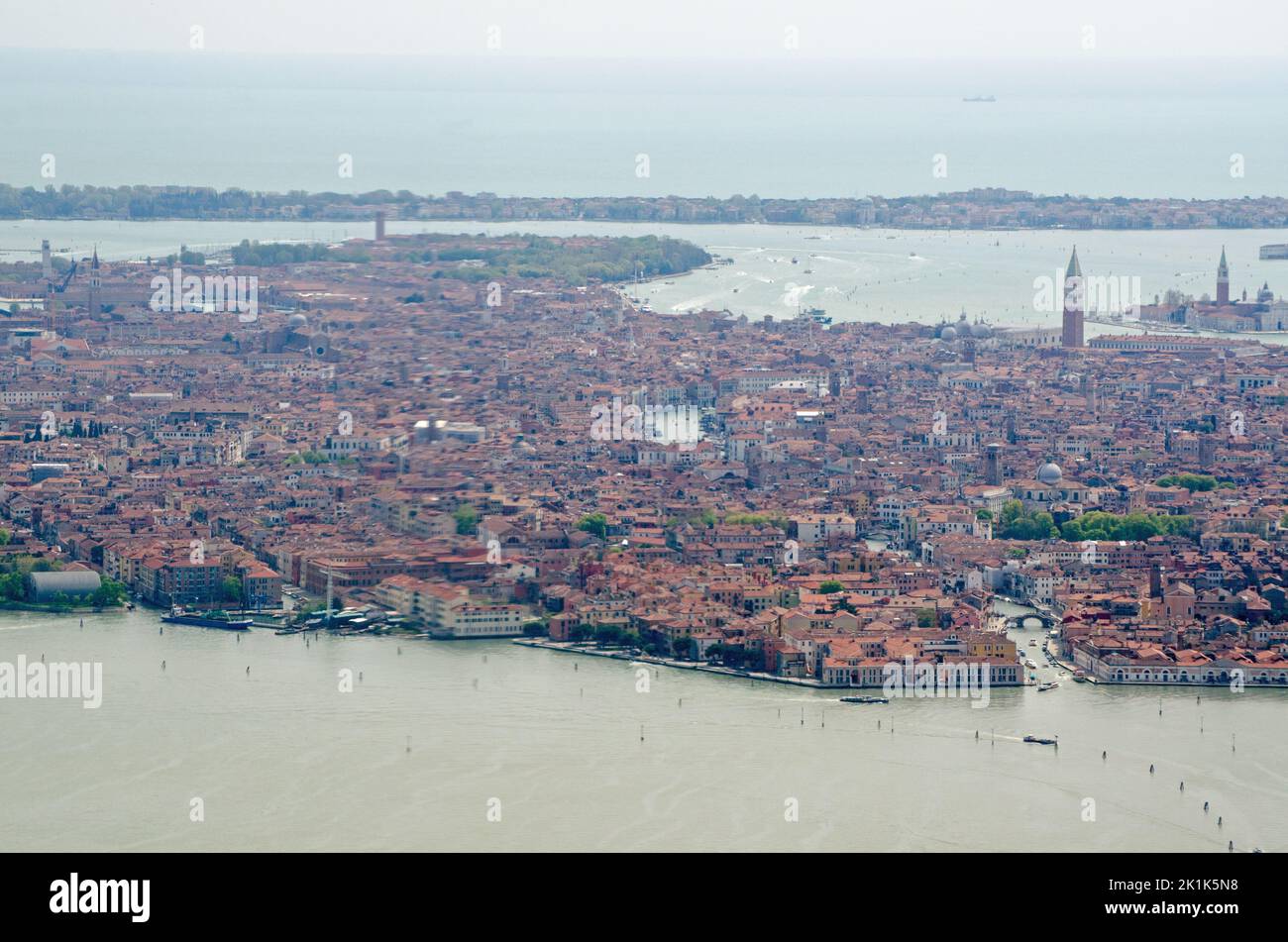 View from a plane overlooking the historic centre of Venice with the entrance to the Cannaregio Canal at the bottom right of the image. Stock Photo
