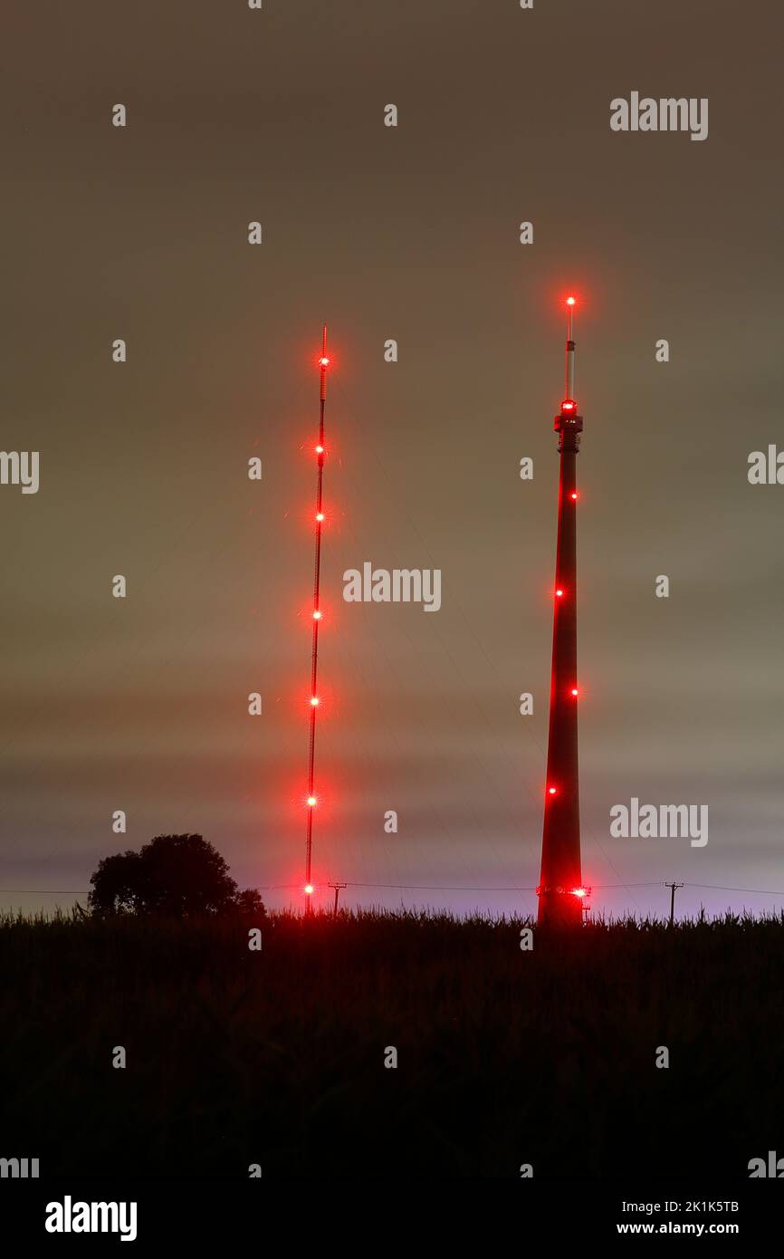 Aircraft warning lights on Arqiva Tower at Emley Moor in West Yorkshire Stock Photo