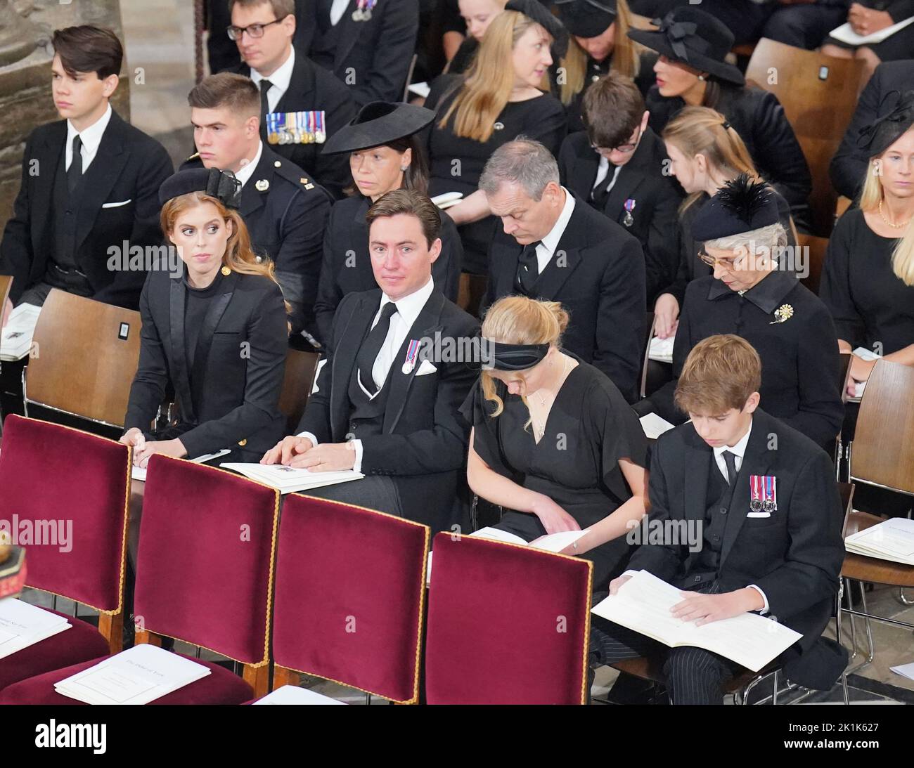 Members of the royal family (front row, left to right) Princess Beatrice, Edoardo Mapelli Mozzi, Lady Louise Windsorand James, Viscount Severn, (second row, left to right) Samuel Chatto, Arthur Chatto, Lady Sarah Chatto and Daniel Chatto, at the State Funeral of Queen Elizabeth II, held at Westminster Abbey, London. Picture date: Monday September 19, 2022. Stock Photo