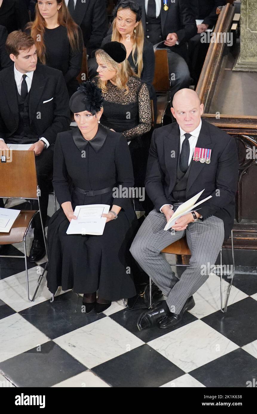 Zara Tindall and Mike Tindall at the State Funeral of Queen Elizabeth II, held at Westminster Abbey, London. Picture date: Monday September 19, 2022. Stock Photo