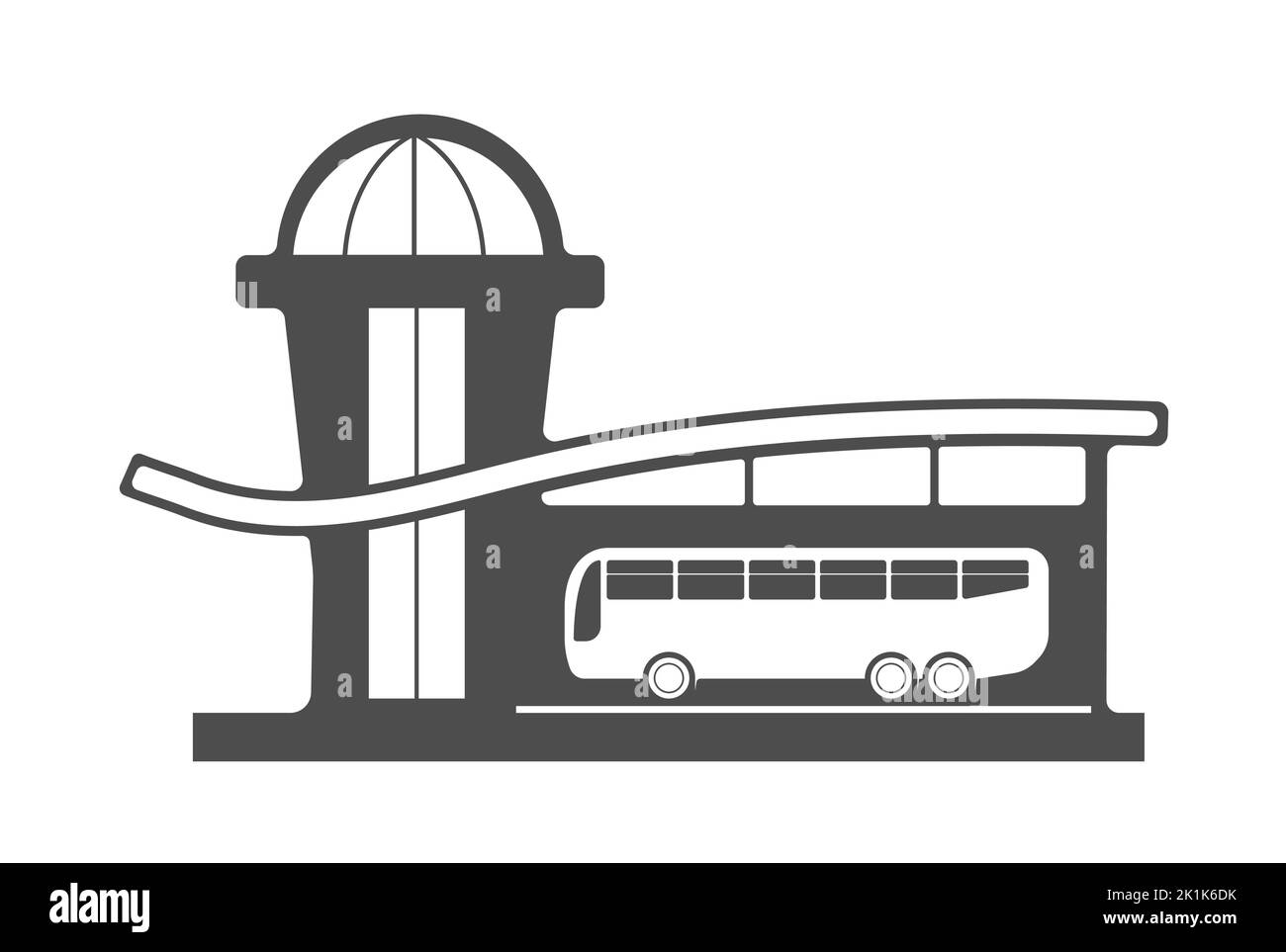 silhouette of the bus station building and the bus. Vector illustration for creative design. Flat Style Stock Vector